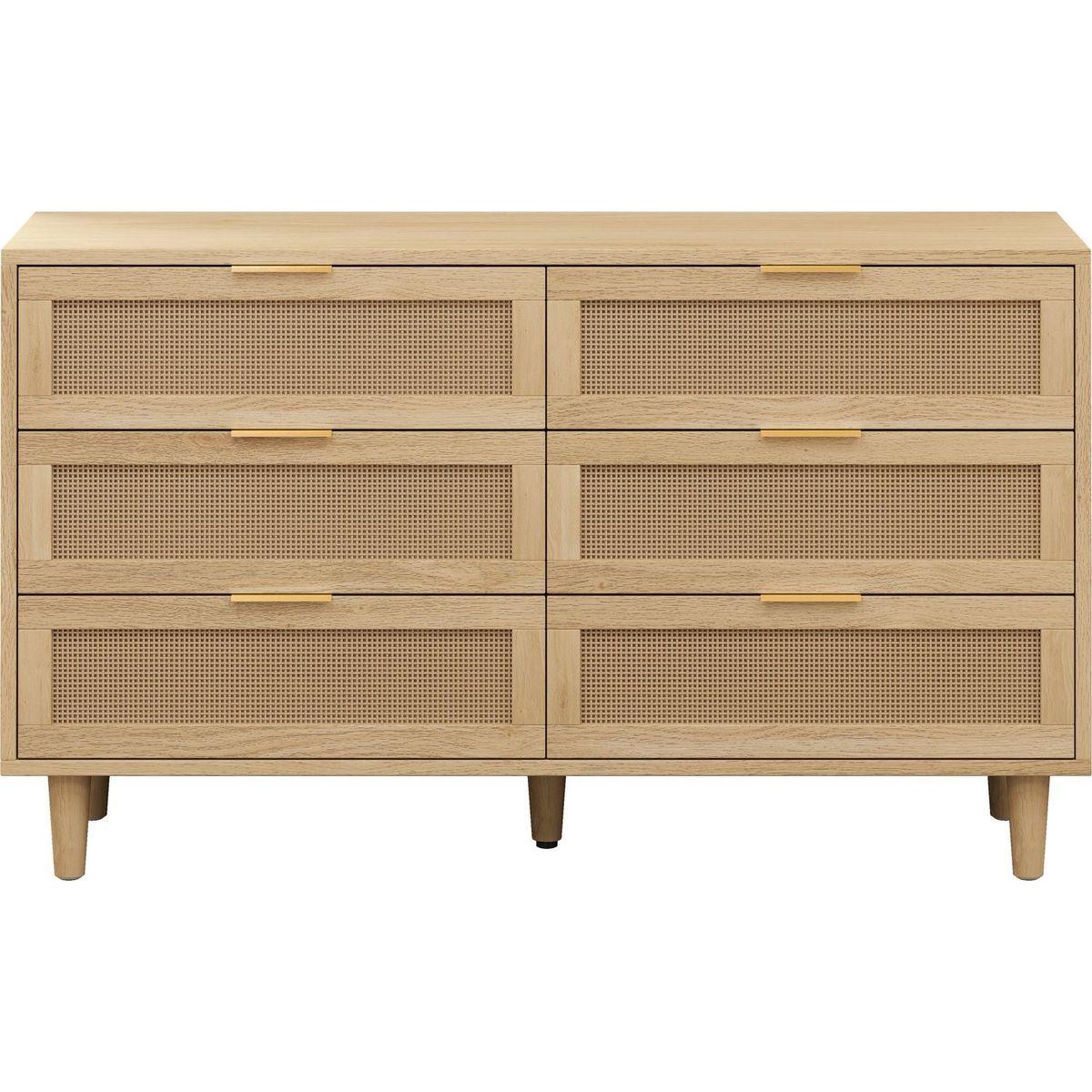 51.18"6-Drawers Rattan Storage Cabinet Rattan Drawer with White Drawer Slides,for Bedroom,Living Room,Natural