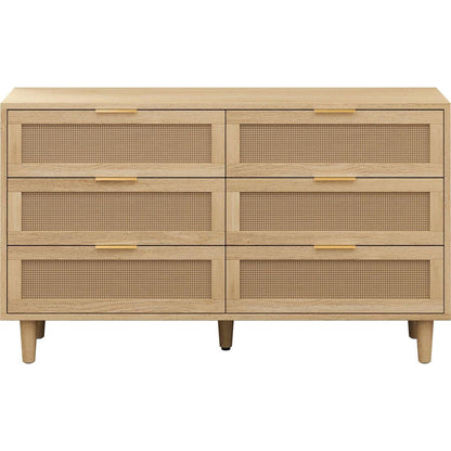 51.18"6-Drawers Rattan Storage Cabinet Rattan Drawer with White Drawer Slides,for Bedroom,Living Room,Natural