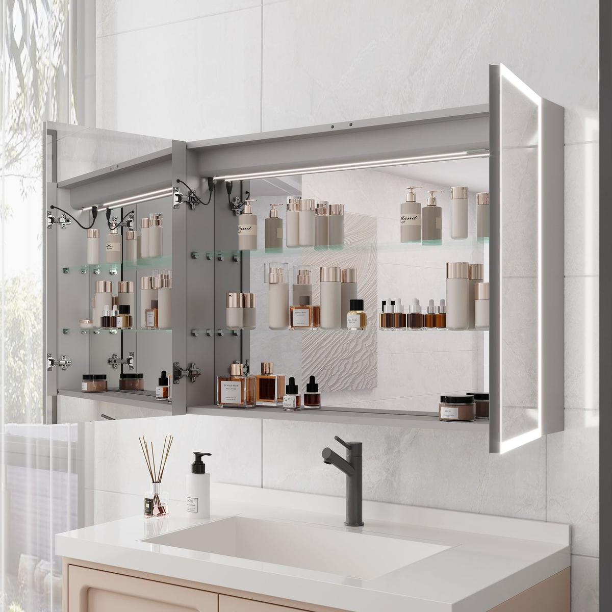 Bathroom Medicine Cabinet with Lights, 36x24 Inch LED Medicine Cabinet with Mirror, Double Door Lighted Medicine Cabinet with Defogger, Dimmer, Clock & Temp Display, 2 Outlets & USB Ports