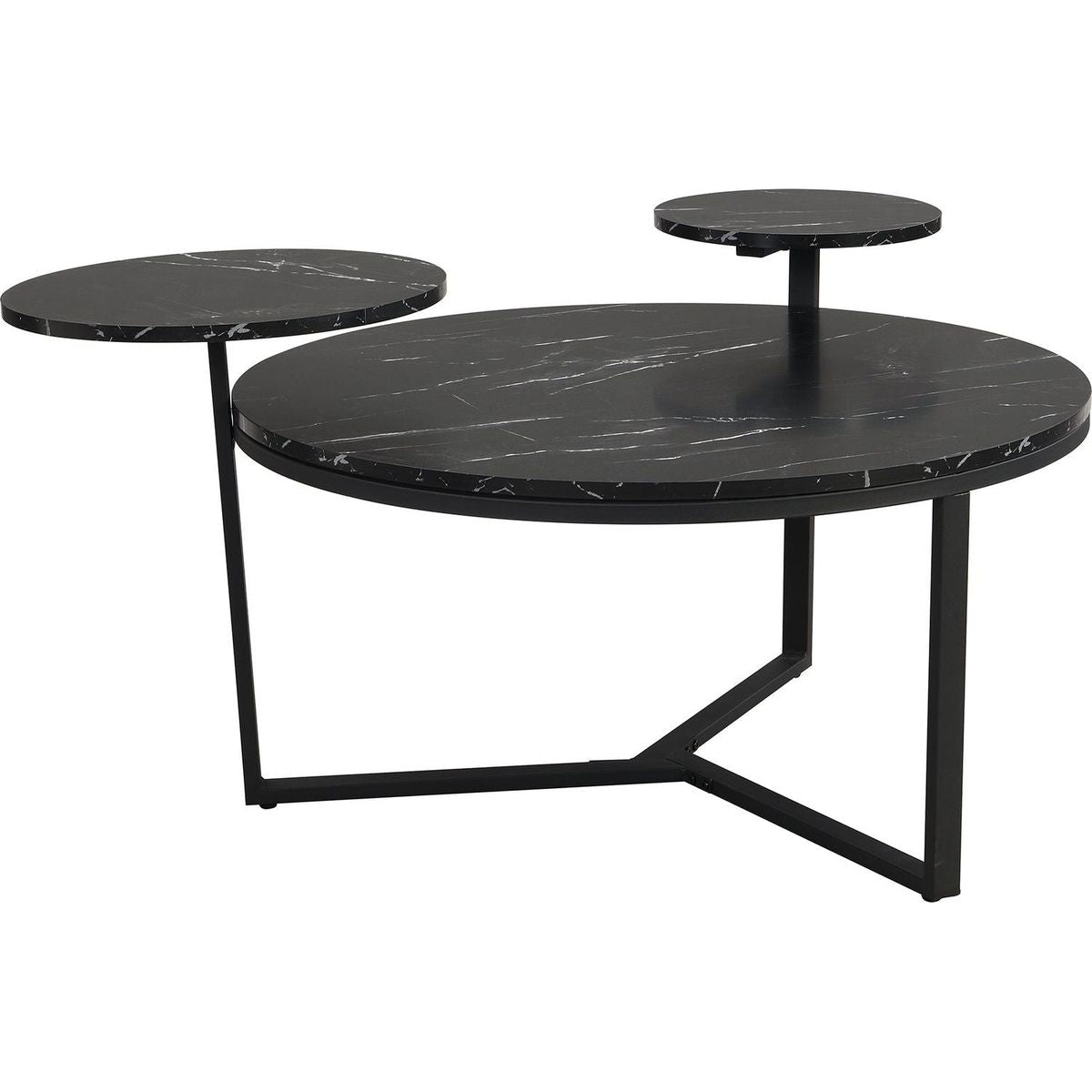 Modern coffee table with two display shelves, Black Faux marble surfaces, Tripod-inspired base,Rounded tabletop edges