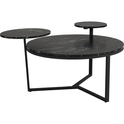 Modern coffee table with two display shelves, Black Faux marble surfaces, Tripod-inspired base,Rounded tabletop edges