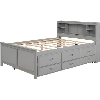 Full Size Platform Bed with Storage Headboard, USB, Twin Size Trundle and 3 Drawers, Gray