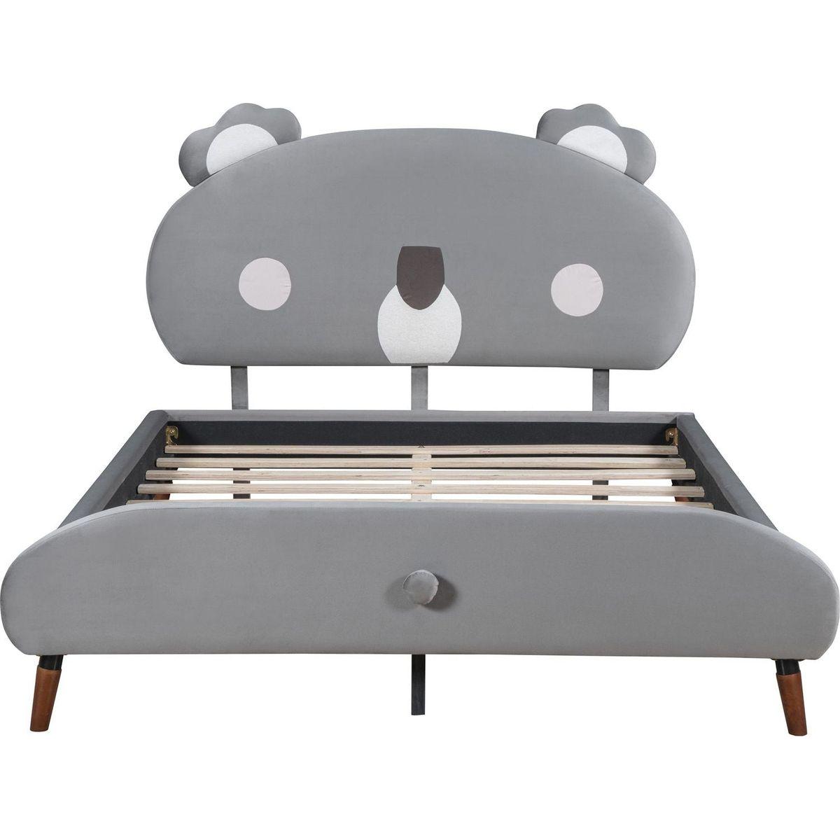 Full Size Upholstered Platform Bed with Koala-Shaped Headboard, Gray