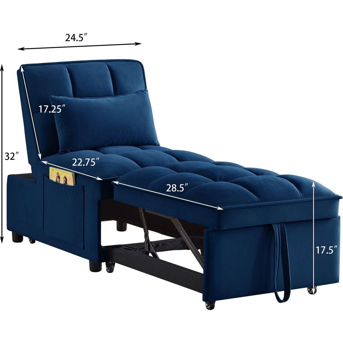 4 in1 Multi-Function Single Sofa Bed with Storage Pockets,Tufted Single Pull-out Sofa Bed with Adjustable Backrest and Pillows, Convertible Chaise Lounge, Navy