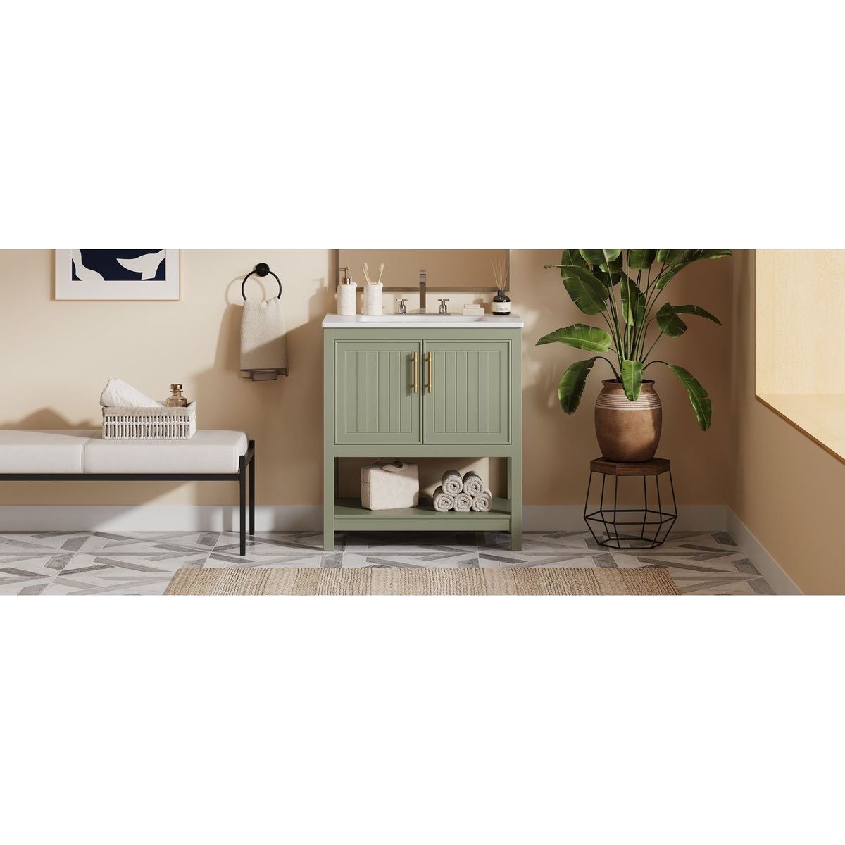 30-Inch Green Bathroom Vanity with Ceramic Sink and Versatile Storage - Ideal for Small Bathrooms