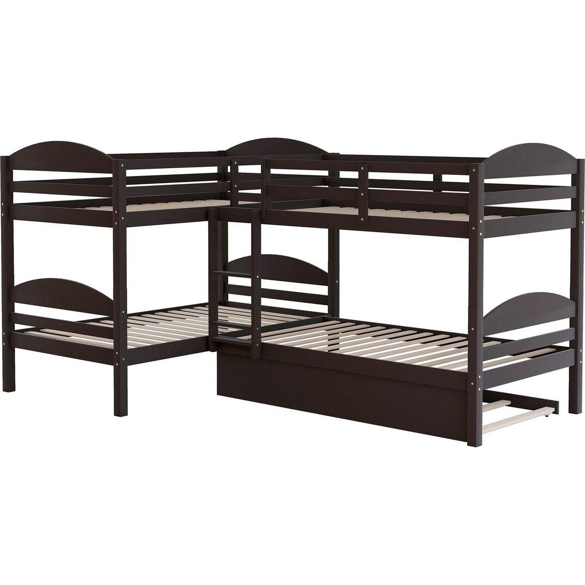 Twin L-Shaped Bunk bed with Trundle-Espresso{O