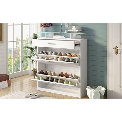Slim Entryway Organizer with 2 Flip Drawers, Tempered Glass Top Shoe Storage Cabinet with Drawer, Free Standing Shoe Rack with LED Light for Hallway, White