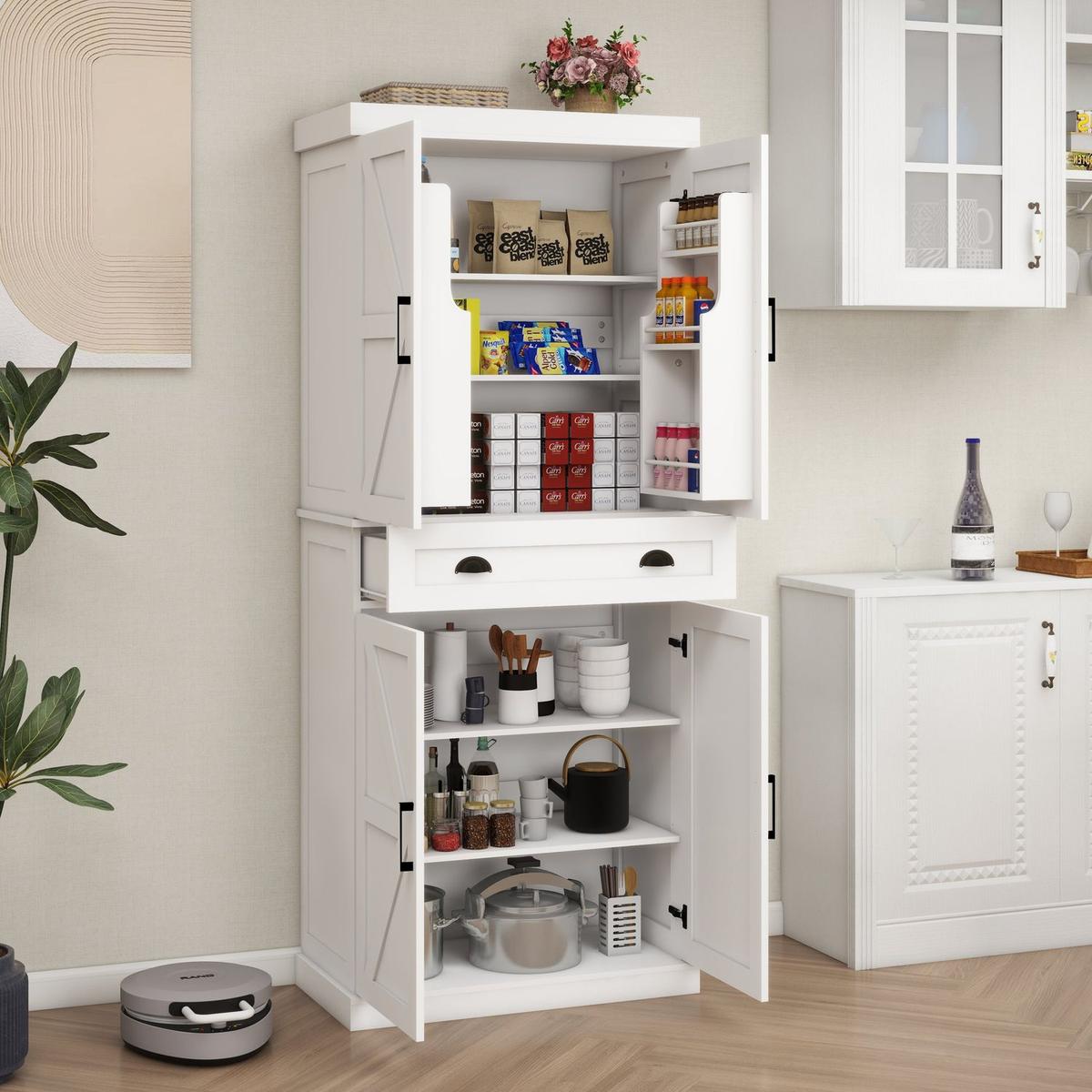 71" Kitchen Pantry Storage Cabinet with 4 Doors(2Doors with Racks),1 Drawer, 2 Adjustable Shelves, Freestanding Cupboard for Kitchen, Dining Room and Living Room-White