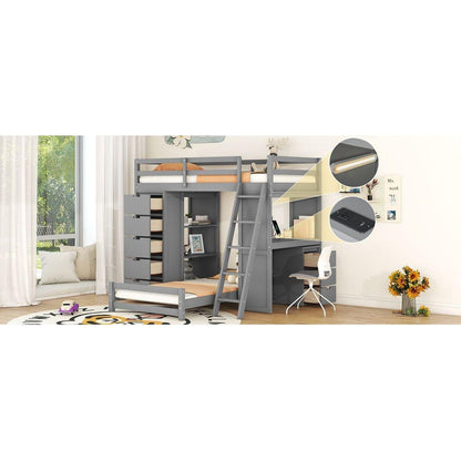 Twin over Twin Bunk Bed with LED Light and USB Ports, Gray