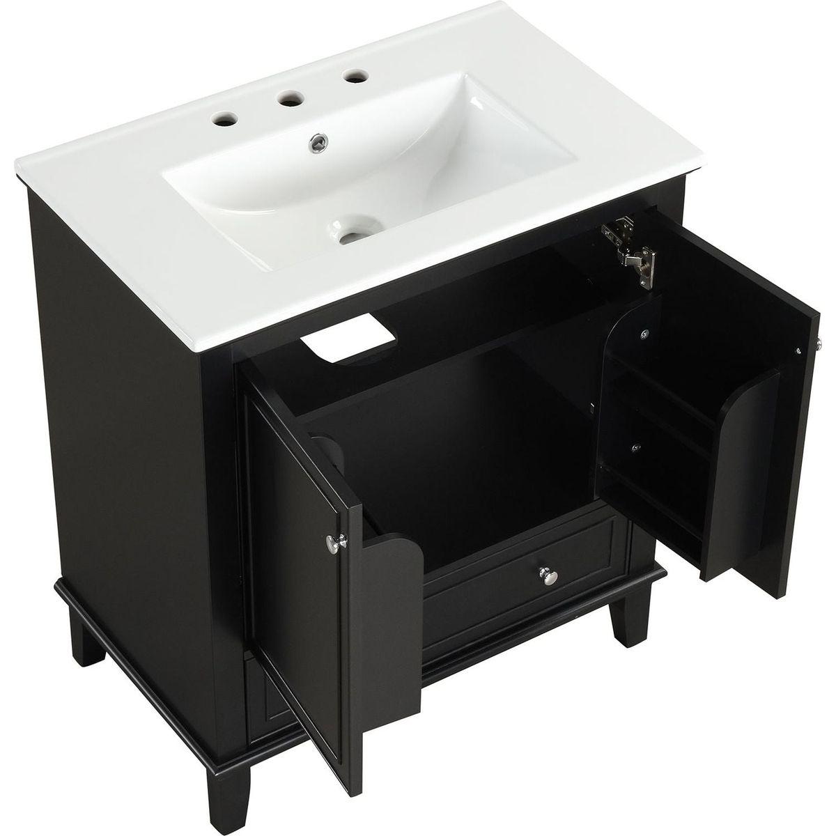 30" Bathroom Vanity with Sink Combo, Multi-functional Bathroom Cabinet with Doors and Drawer, Solid Wood and MDF Board, Black