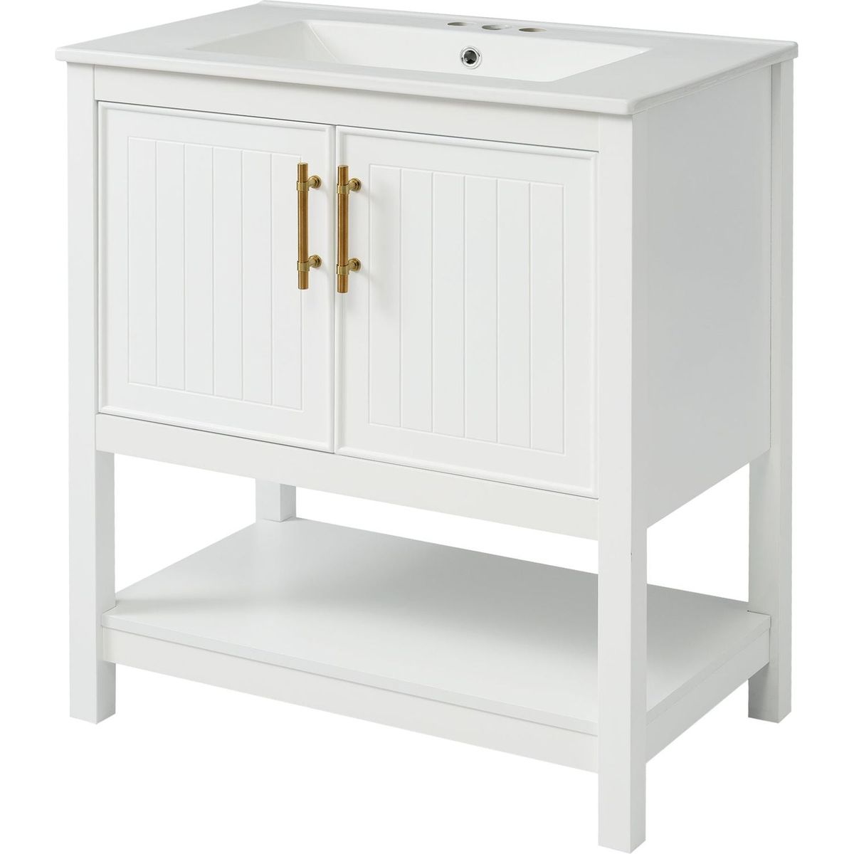 30-Inch White Bathroom Vanity with Ceramic Sink and Versatile Storage - Ideal for Small Bathrooms