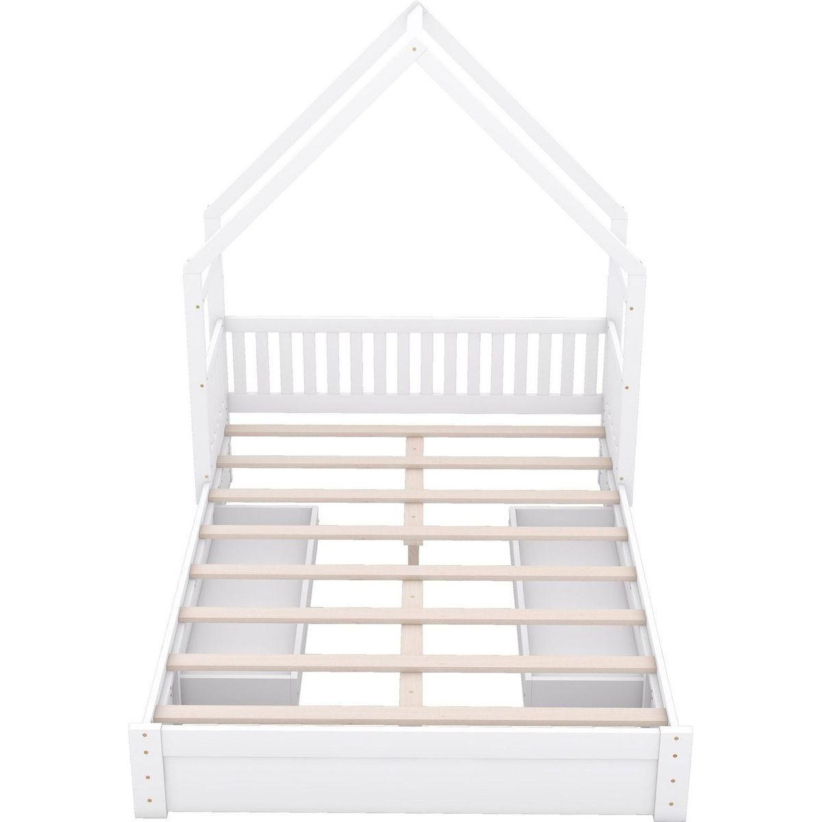Wood Queen Size House Platform Bed with Guardrail and 2 Drawers, White