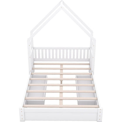 Wood Queen Size House Platform Bed with Guardrail and 2 Drawers, White