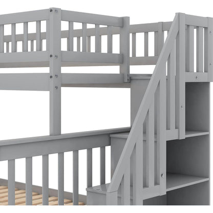 Twin over Full Bunk Bed with Trundle and Staircase,Gray