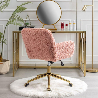 Office Chair,Artificial rabbit hair Home Office Chair with Golden Metal Base,Adjustable Desk Chair Swivel Office Chair,Vanity Chair(Pink)