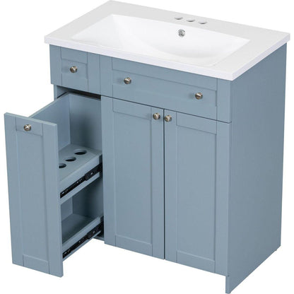 Modern 30-Inch Bathroom Vanity Cabinet with Easy-to-Clean Resin Integrated Sink in Blue