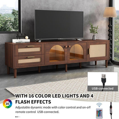 Rattan TV Stand with 3 Cabinets & 2 Drawers, Rattan-inspired Media Console Table for TVs up to 80", LED Light Entertainment Center, TV cabinet for Living room, Bedroom, Home Theatre - Streamdale Furniture