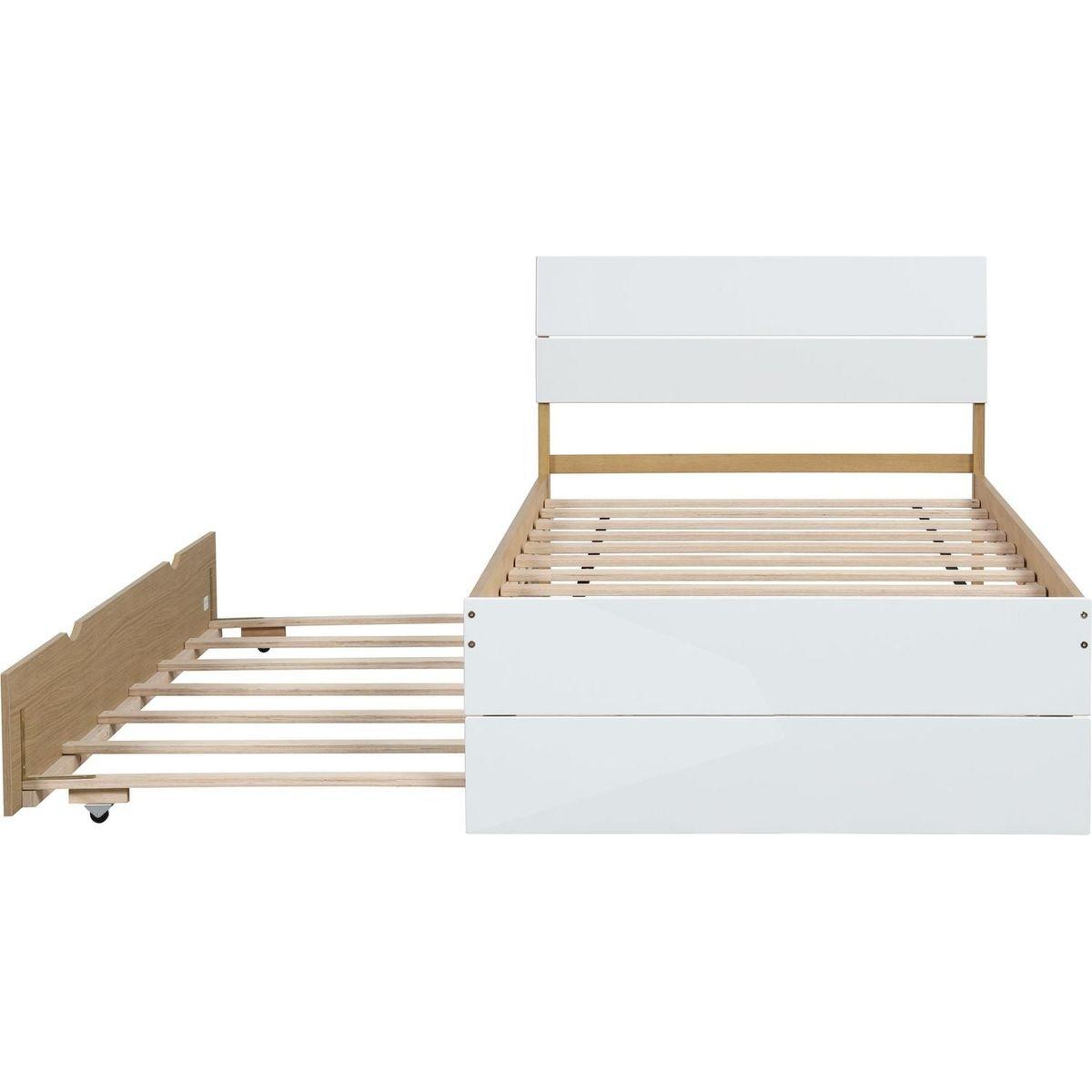 Modern Twin Bed Frame With Trundle For White High Gloss Headboard and Footboard With Light Oak Color