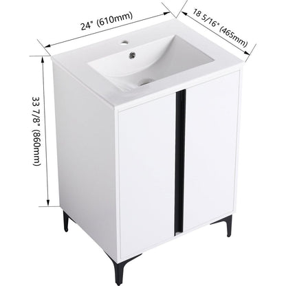 24" Freestanding Bathroom Vanity With Ceramic Sink-BVB06724WH-G-