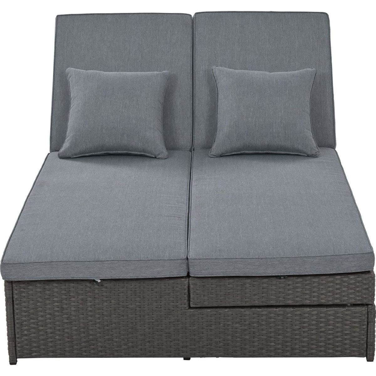 Outdoor Double Sunbed, Wicker Rattan Patio Reclining Chairs with Adjustable Backrest and Seat, Conversational Set for 2 Person, Gray