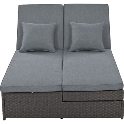 Outdoor Double Sunbed, Wicker Rattan Patio Reclining Chairs with Adjustable Backrest and Seat, Conversational Set for 2 Person, Gray