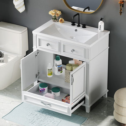 30" Bathroom Vanity with Resin Sink, Solid Wood Frame Bathroom Storage Cabinet with Soft Closing Doors, Retro Style, White