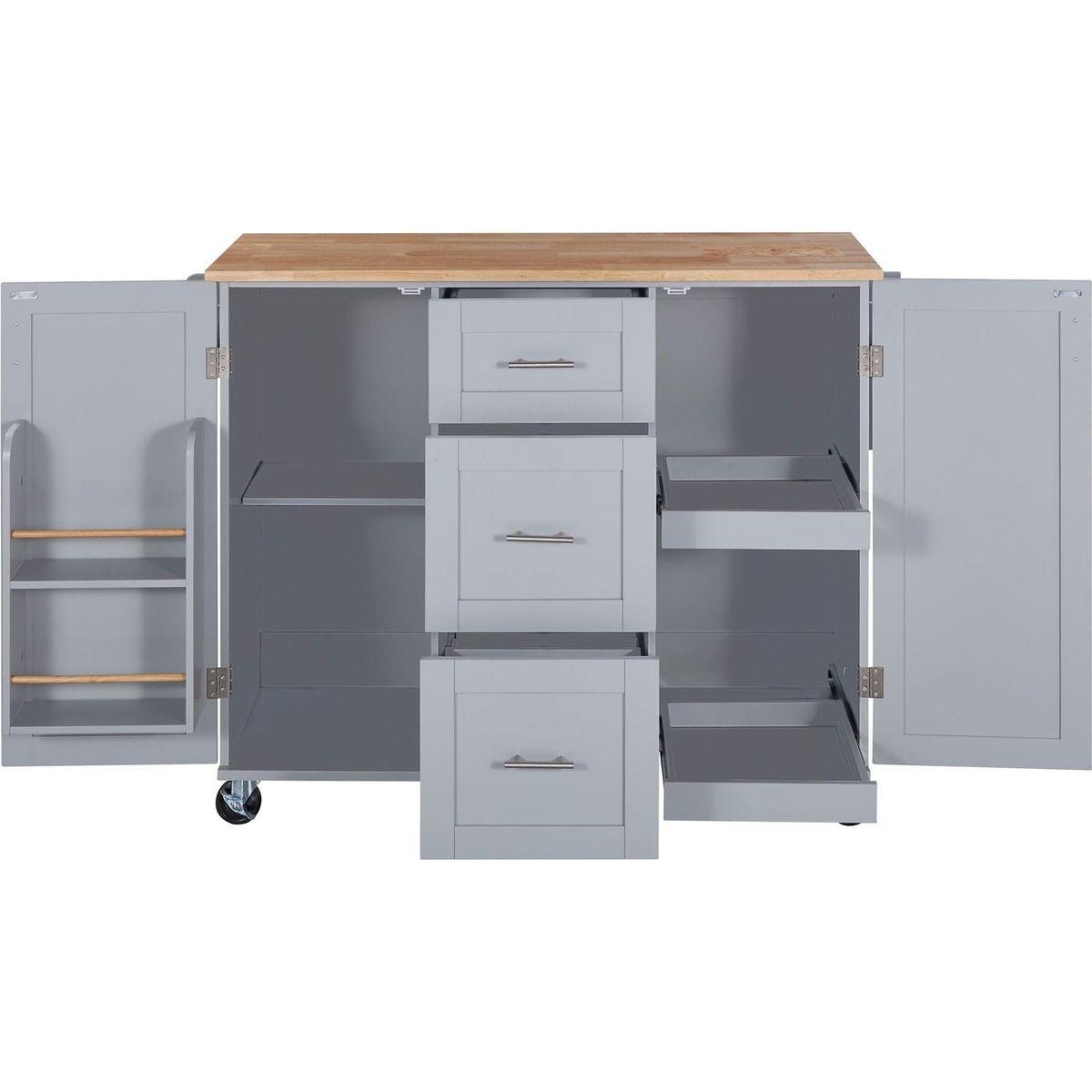 Rolling Kitchen Island with Storage, Kitchen Cart with Rubber Wood Top, 3 Drawer, 2 Slide-Out Shelf and Internal Storage Rack, Kitchen Island on Wheels with Spice Rack & Tower Rack, Grey Blue