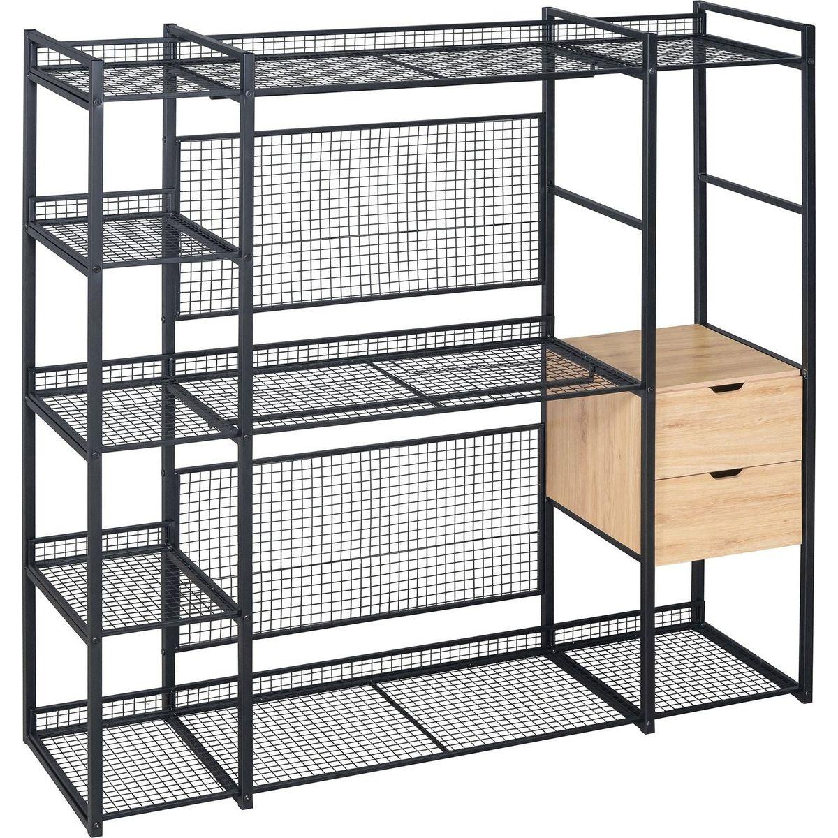 Open-Style Wardrobe with Hanging Rails, Shelves and Drawers, Black