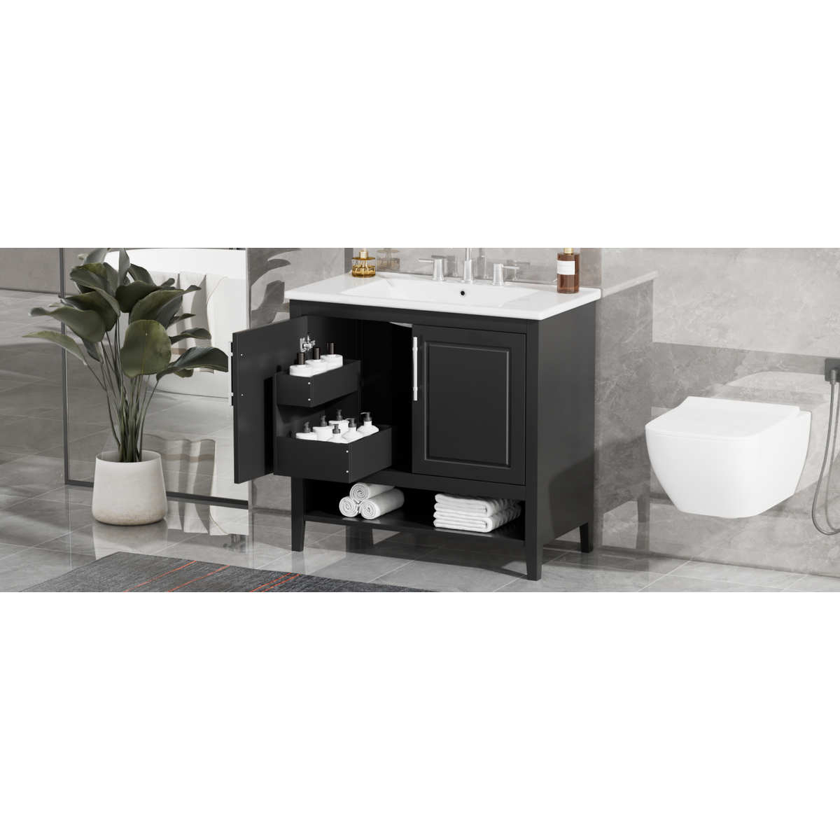 36" Bathroom Vanity with Sink, Multi-functional Bathroom Cabinet with Doors and Drawers, MDF Frame and MDF Board, Black