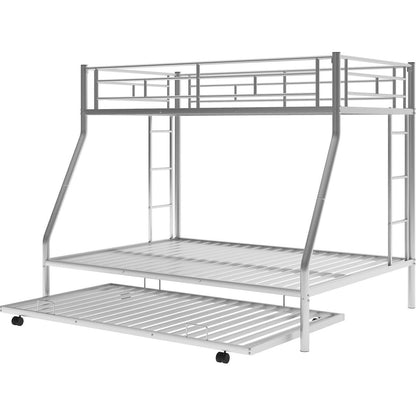 Twin over Full Bed with Sturdy Steel Frame, Bunk Bed with Twin Size Trundle, Two-Side Ladders, Silver