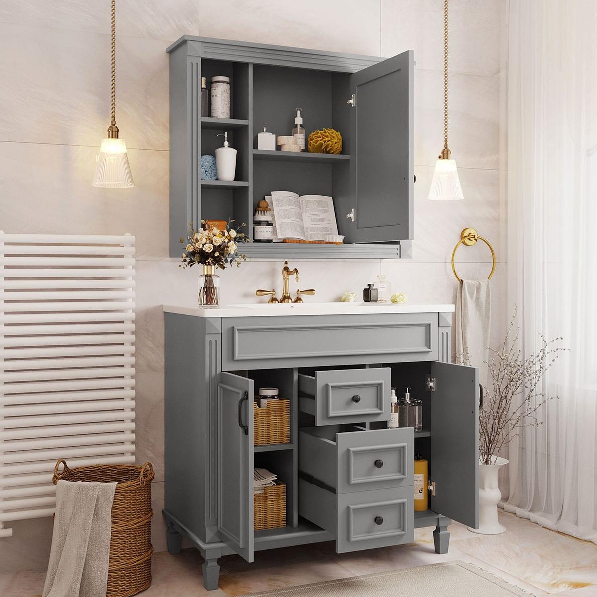 36" Bathroom Vanity with Top Sink, Grey Mirror Cabinet, Modern Bathroom Storage Cabinet with 2 Soft Closing Doors and 2 Drawers, Single Sink Bathroom Vanity