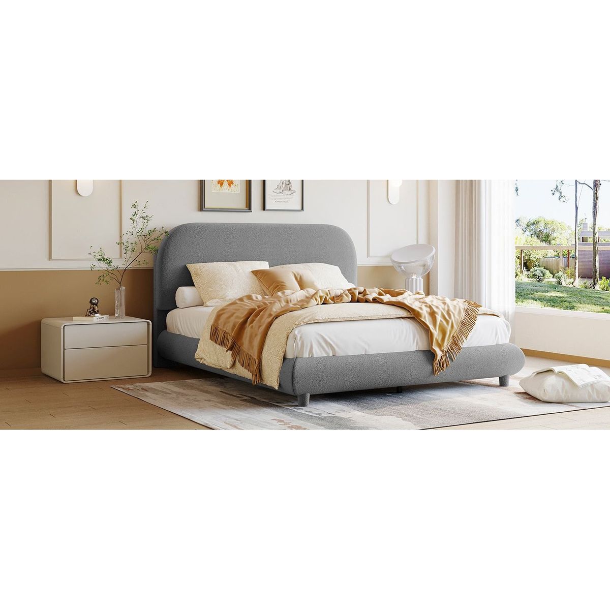 Teddy Fleece Full Size Upholstered Platform Bed with Thick Fabric, Solid Frame and Stylish Curve-shaped Design, Gray
