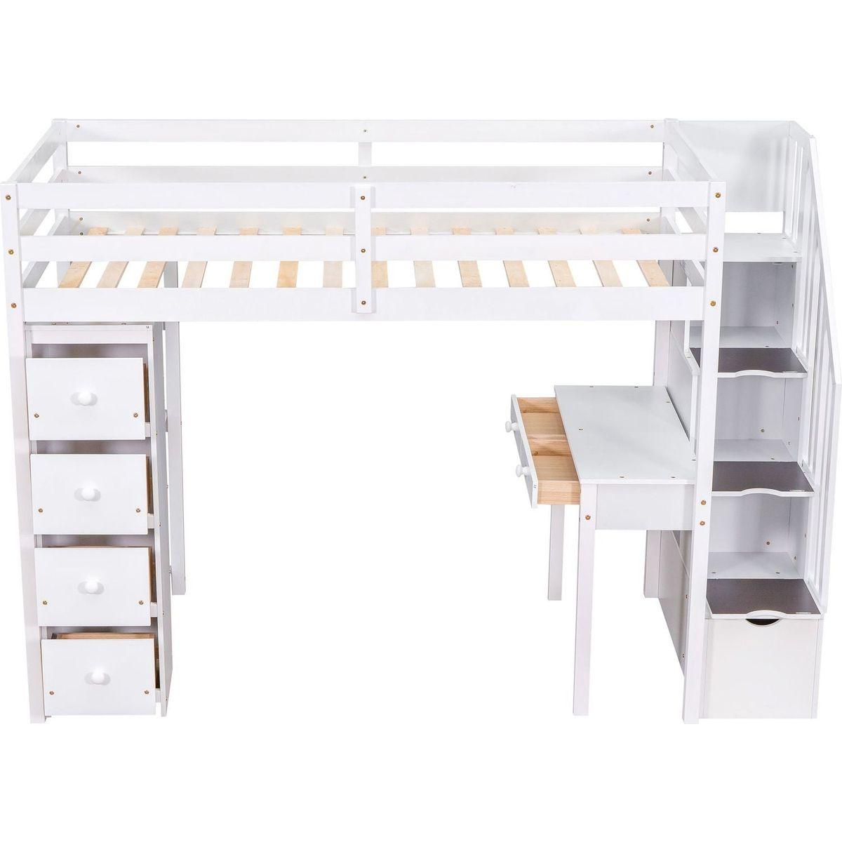 Twin size Loft Bed with Storage Drawers, Desk and Stairs, Wooden Loft Bed with Shelves - White