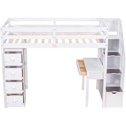 Twin size Loft Bed with Storage Drawers, Desk and Stairs, Wooden Loft Bed with Shelves - White