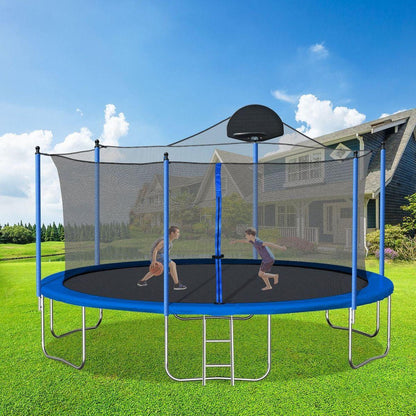 14FT Trampoline for Adults & Kids with Basketball Hoop, Outdoor Trampolines w/Ladder and Safety Enclosure Net for Kids and Adults,Double-side Color cover