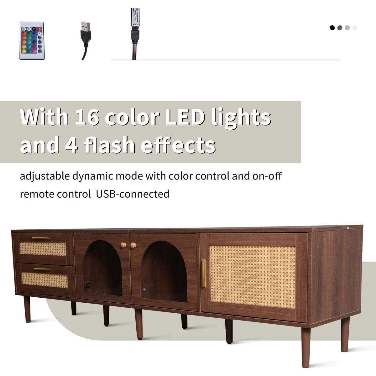Rattan TV Stand with 3 Cabinets & 2 Drawers, Rattan-inspired Media Console Table for TVs up to 80", LED Light Entertainment Center, TV cabinet for Living room, Bedroom, Home Theatre - Streamdale Furniture