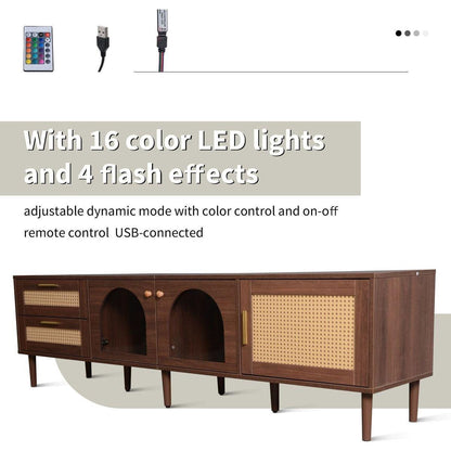Rattan TV Stand with 3 Cabinets & 2 Drawers, Rattan-inspired Media Console Table for TVs up to 80", LED Light Entertainment Center, TV cabinet for Living room, Bedroom, Home Theatre - Streamdale Furniture