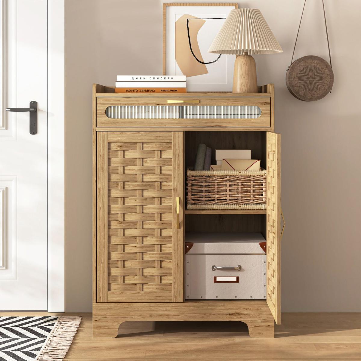 Coffee Bar Cabinet, Modern Farmhouse Buffet Sideboard with Drawer and Adjustable Shelf, Barn Door Storage Cabinet for Kitchen, Dining Room, Bathroom, Entryway