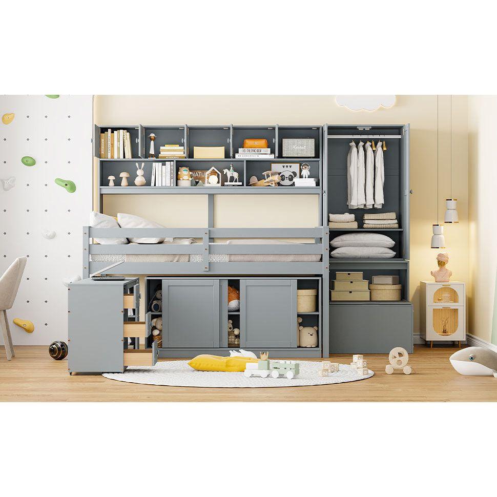 Full Size Wooden Loft Bed Big Storage with Under-bed Desk, with Drawers, with Shelves, Gray