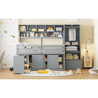 Full Size Wooden Loft Bed Big Storage with Under-bed Desk, with Drawers, with Shelves, Gray