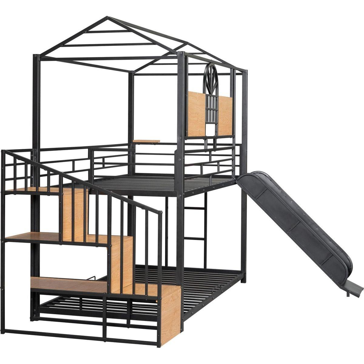 Twin Over Twin Metal Bunk Bed, Metal Housebed with Slide and Storage Stair, Black with Black Slide