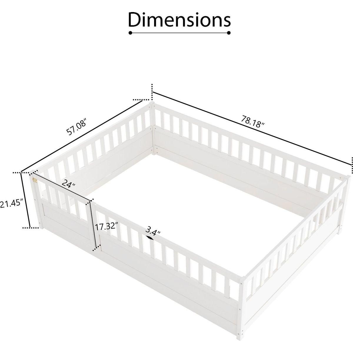 Full size Floor bed, integral construction with super high security barrier, door, children's floor bed frame, Montessori wooden children's floor bed, white - Streamdale Furniture