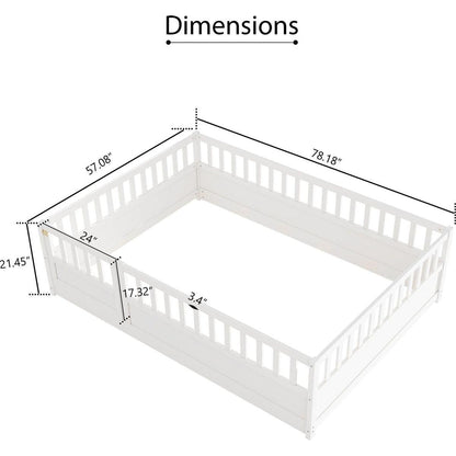 Full size Floor bed, integral construction with super high security barrier, door, children's floor bed frame, Montessori wooden children's floor bed, white - Streamdale Furniture