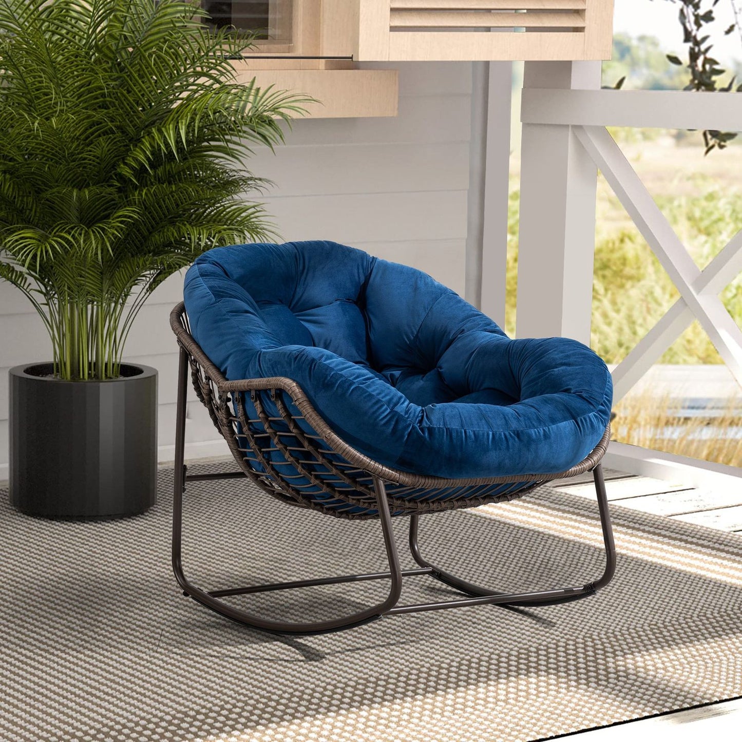 Outdoor Rattan Rocking Chair,Padded Cushion Rocker Recliner Chair Outdoor for Front Porch, Living Room, Patio, Garden, Navy Blue