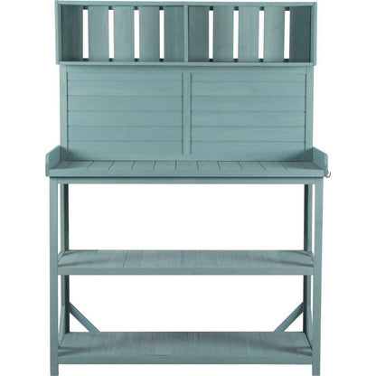 65" Large Wooden Farmhouse Rustic Outdoor Potting Bench Table, Patio Workstation, Garden Potting Bench with 4 Storage Shelves and Side Hook,Green