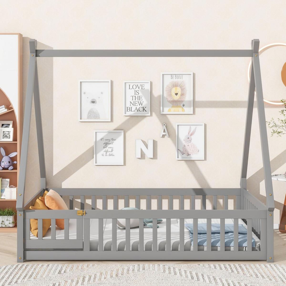 Full Tent-shaped Floor Bed, with Guardrails, Slats, Door, Grey