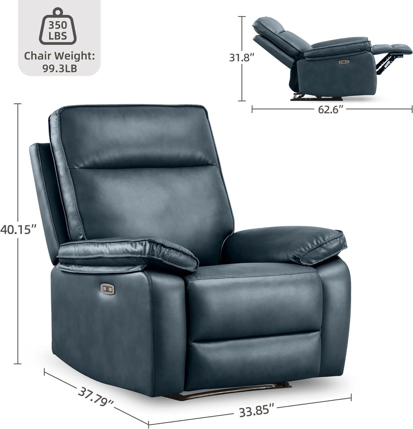 Electric Power Recliner Chair with USB Port, Leather Recliner Chairs for Adults, High Back Modern Single Sofa Home Theater Seat for Living Room, Dark Blue