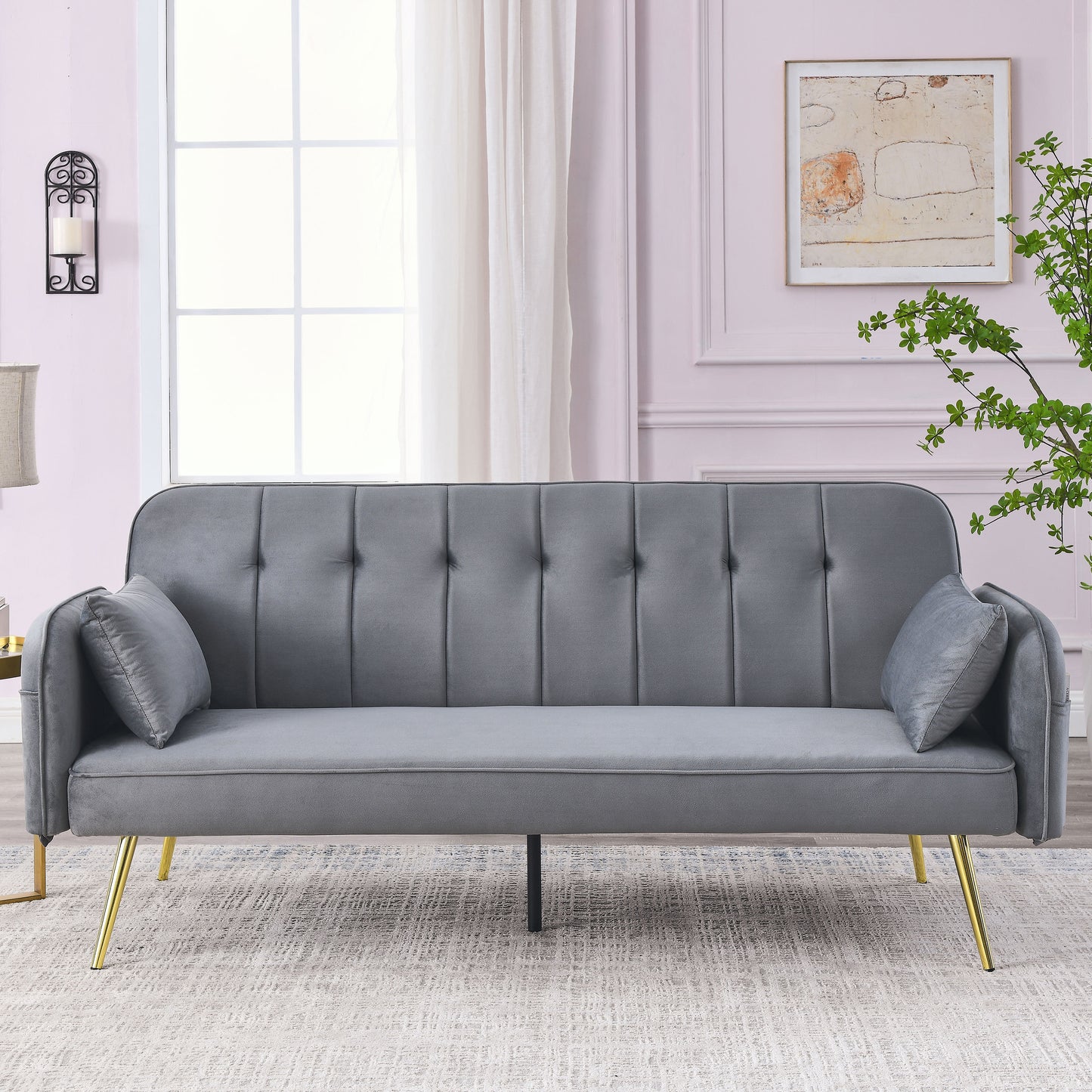 72.5" Convertible Sofa Bed, Adjustable Velvet Sofa Bed - Velvet Folding Lounge Recliner - Reversible Daybed - Ideal for Bedroom with Two Pillows and Center Legs