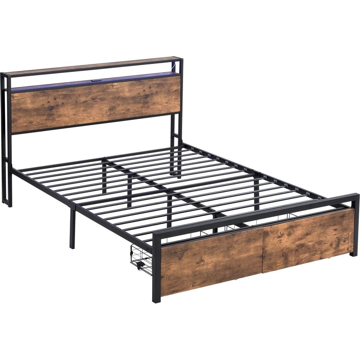 Full Size Bed Frame with Storage Headboard and 2 Drawers, LED Lights Bed with Charging Station, Metal Platform Bed No Noise, Mattress Foundation Strong Metal Slats Support No Box Spring Needed