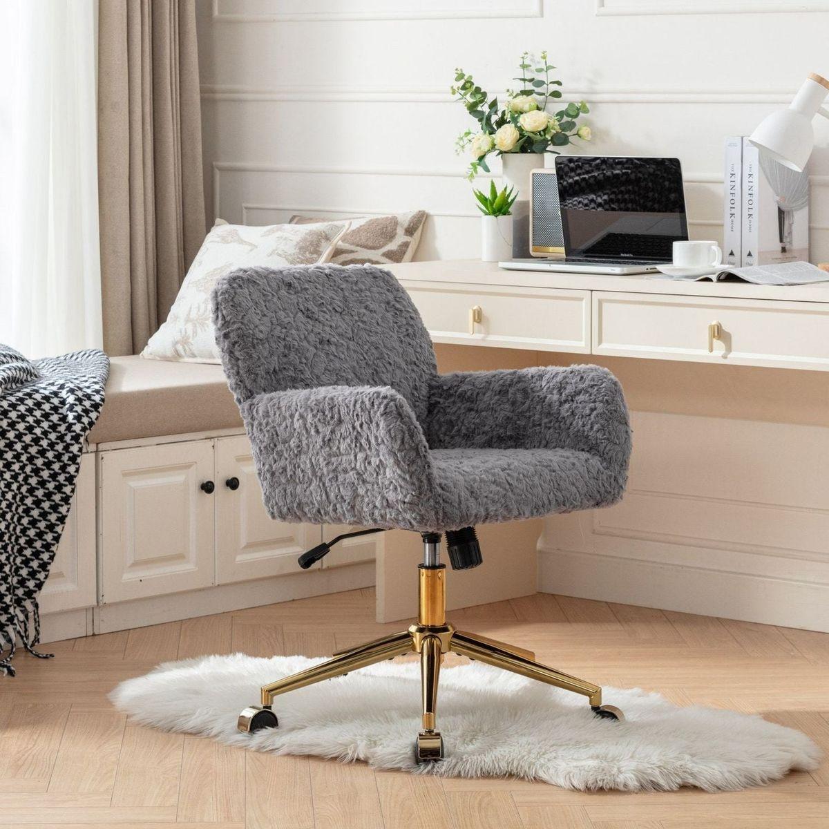 Office Chair,Artificial rabbit hair Home Office Chair with Golden Metal Base,Adjustable Desk Chair Swivel Office Chair,Vanity Chair(Gray)